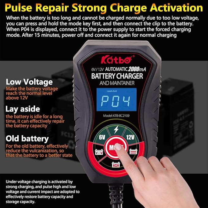 KATBO Battery Charger, 2Amp Battery Maintainer, car Battery Charger 6V 12V, trickle Charger for Car Battery, Motorcycles, Lawn Tractors, Marine AGM, Gel, SLA,Wet