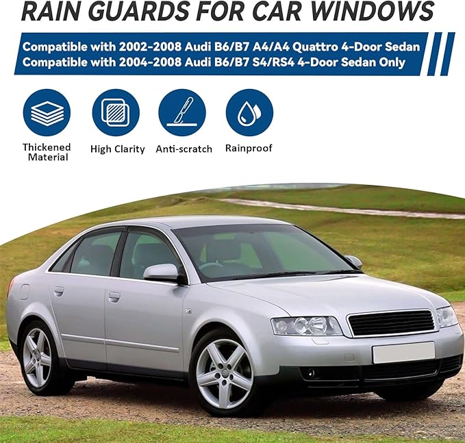 4pcs Front+Rear Smoke Tint Sun/Rain Guard Outside Mount Tape-On Vent Window Visors Compatible with 02-08 B6/B7 A4/A4 Quattro 04-08 S4/RS4 4-Door Sedan