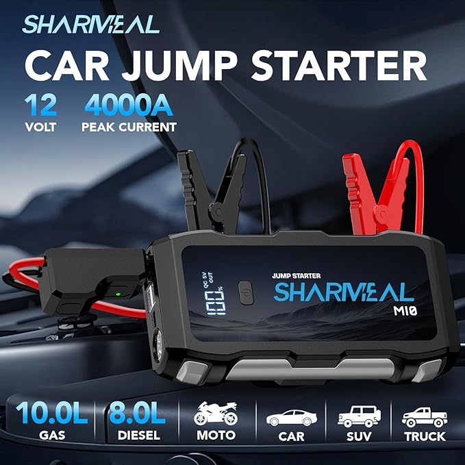Jump Starter 4000A, 12V Car Battery Jump Starter with USB Quick Charge (Up to 10.0L Gas or 8.0L Diesel Engine), Battery Booster with 3 Modes Flashlight and Jumper Cable