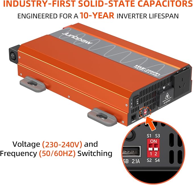 2080W Pure Sine Wave Inverter, 12V DC to 110V/120V AC, 6000W Peak, 5V/2.1A USB, Quiet Fan, Capacitor, Off-Grid Solar Power for RV, Camping, Emergency, Truck (LGE-24-2080TI)