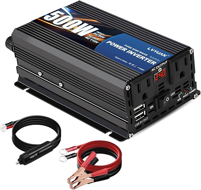LVYUAN 500 Watt Pure Sine Wave Power Inverter 24V to 110V/120V DC to AC Converter with Dual Sockets, Dual USB Ports, LED Display for Home Outdoor RV Car Power Inverter Power Adapter
