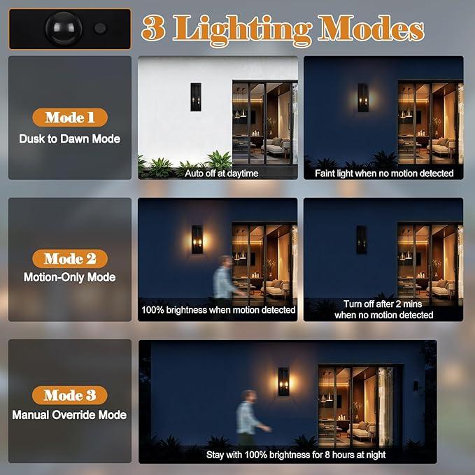 Black Motion Sensor Outdoor Lights 2-Light, 16” Modern Dusk to Dawn Sensor Lights for Outside 2 Pack, Exterior Wall Mount Porch Lanterns Waterproof Outside House Lamps for Garage Yard E12