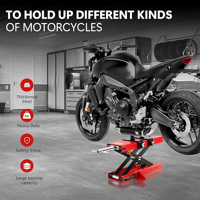 Heavy Duty 1100LBS Motorcycle Scissor Lift Jack with Dolly Wheels, Hand Crank & Non-Slip Platform - Adjustable Bike Lift Stand for Cruiser, Dirt Bike, ATV - Foldable,Garage Repair Equipment