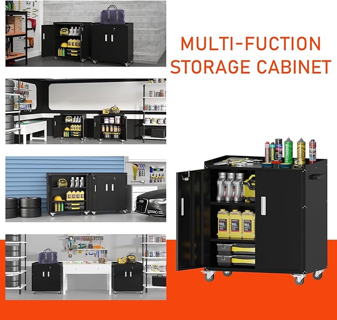Metal Garage Storage Cabinet with Wheels ，Lockable Rolling Tool Chest on Wheels, Utility Cabinet for Home, Office, Garage and Workshop(Black)