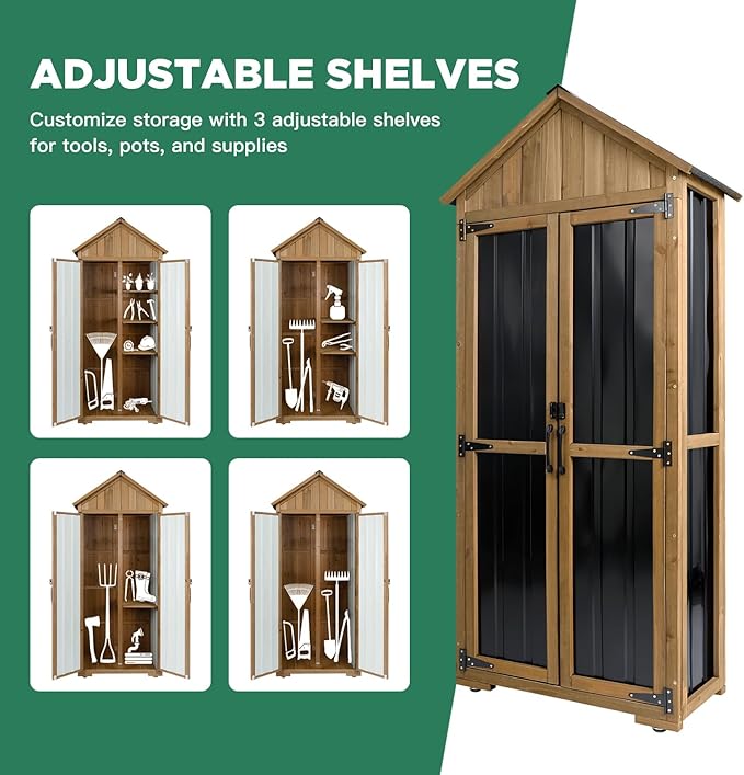Outdoor Storage Cabinet – Weatherproof Wood & Metal Storage Shed with Adjustable Shelf, Lockable Doors, and Stability Features for Garden, Patio, and Backyard, 27 1/2”x 13”x 67” (Brown+Black)