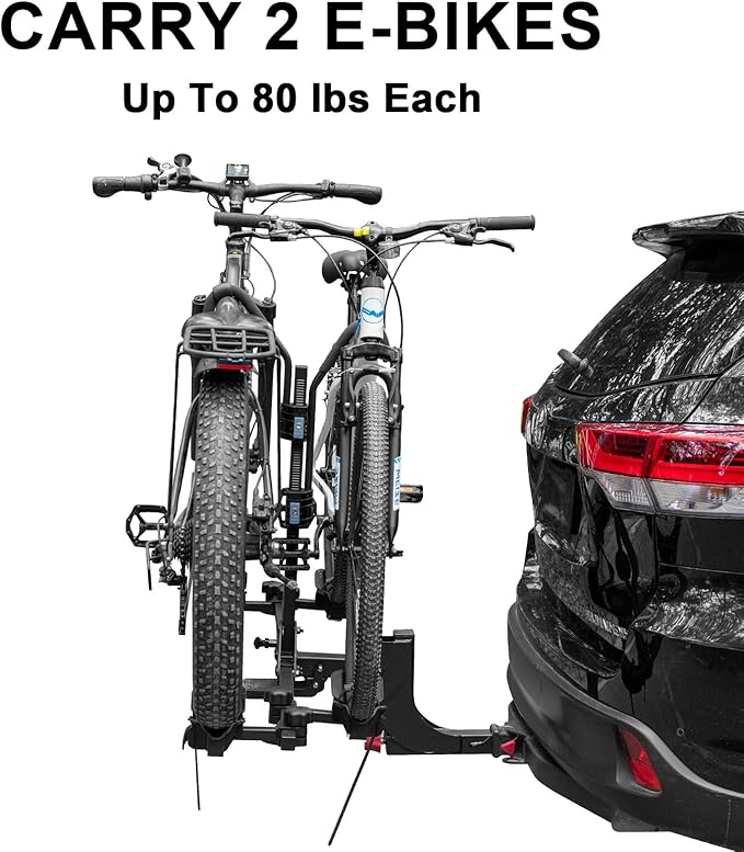 WEIZE 2 E Bike Rack Hitch Mounted, Wobble Free Smart Tilting Folding 2 Bicycle Electric Bike Racks with Lock, 2" Hitch Fits Up to 160 lbs Capacity with Up to 5.5" Fat Tires for Car, SUV, Trucks