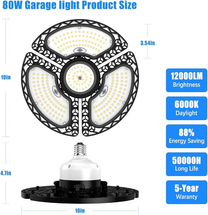 LED Garage Light 80W Deformable LED Ceiling Lights 12000 Lumens Led Shop Lights for Garage
