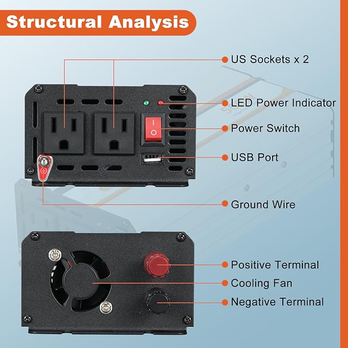 500W Power Inverter, DC 12V to 120V AC Converter for Vehicles Car, Pure Sine Wave Adapter with USB Port and 2 AC Outlets Car Charger for Laptop Smartphone Small Power Tool