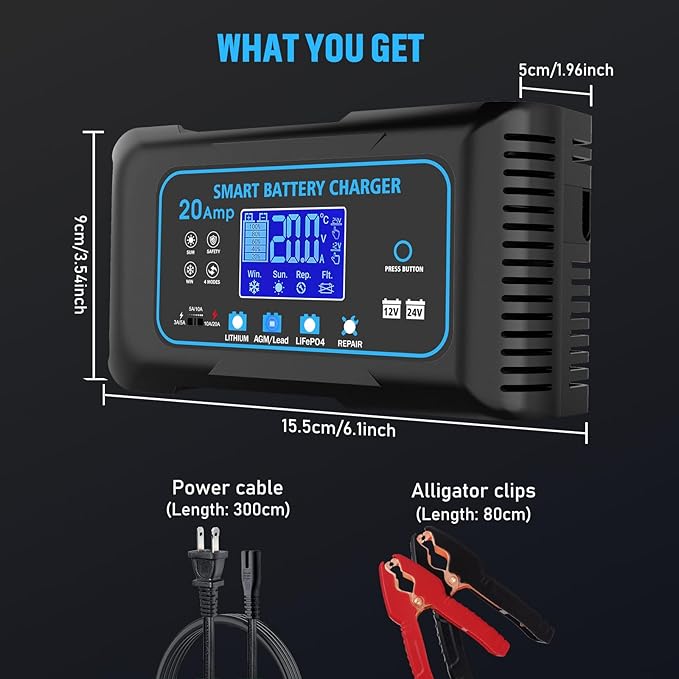 20-AMP Car Battery Charger, 12V 20A and 24V 10A Smart Automotive Charger, Battery Maintainer, Trickle Charger for Car, Motorcycle, Boat, Lead-Acid, Lithium, LiFePo4 Battery