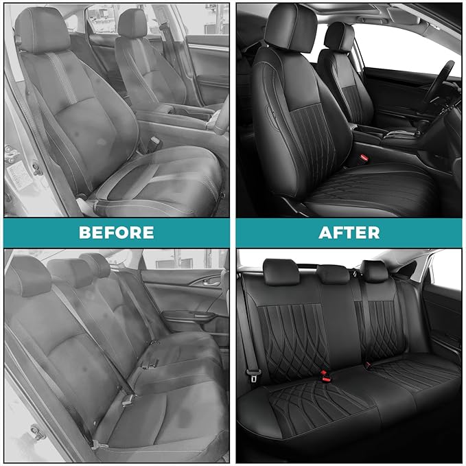 Seat Covers for Honda Civic Sedan LX 2016 2017 2018 2019 2020 2021, Faux Leather Car Seats Cover Full Set (Rear Row Solid & No Folding Backrest)-Black