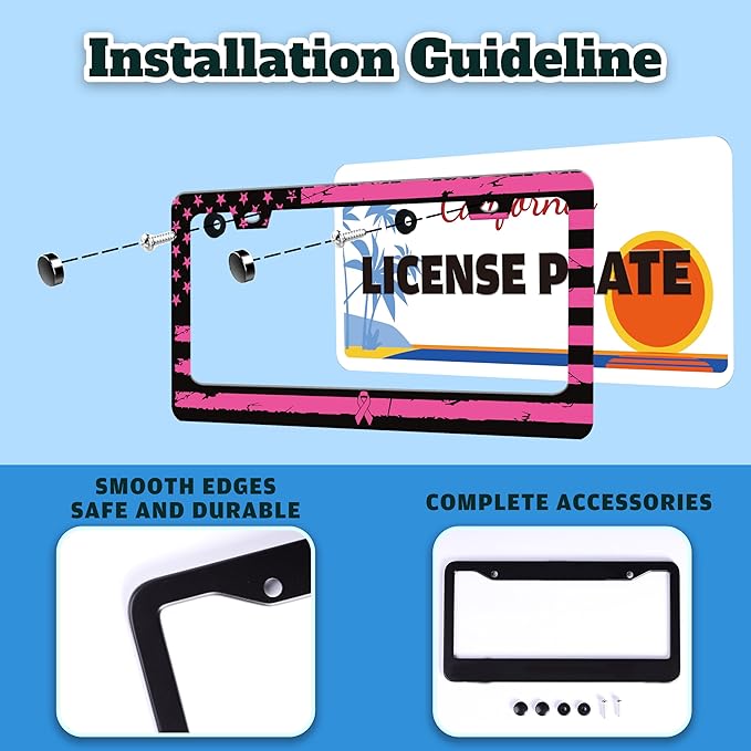 Breast Cancer Awareness Pink Ribbon License Plate Frame American Flag License Plate Holder for Front or Rear Car Tags Reusable Stainless Steel Funny Car Decoration with Screws 6.3 X 12.2 in