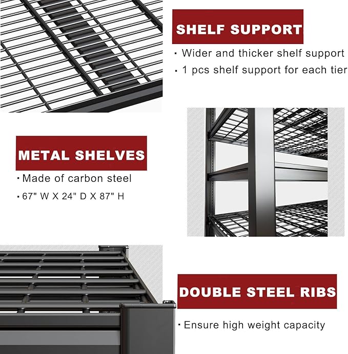 67" W Garage Shelving Heavy Duty, Adjustable 6 Tier Metal Shelves, Commercial Metal Shelf Rack, Industrial Shelving