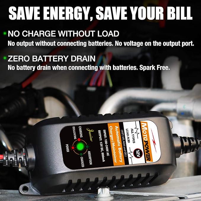 MOTOPOWER MP00205A 12V 800mA Automatic Battery Charger, Battery Maintainer, Trickle Charger, and Battery Desulfator, 2 Pack