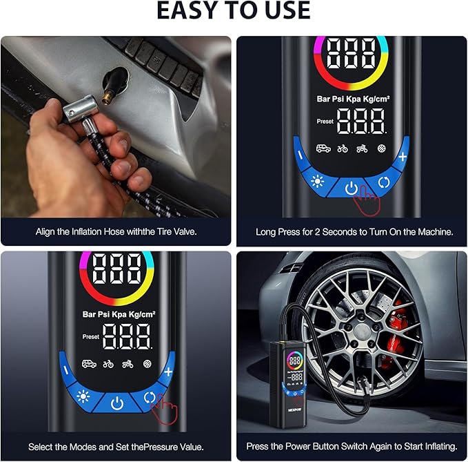 NEXPOW NP17 Portable Air Compressor, 150 PSI Digital Tire Inflator, Fast Inflation with Auto Shut-Off, LED Light, Multiple Nozzles for Car, Bike, and Ball, Compact Design, Blue