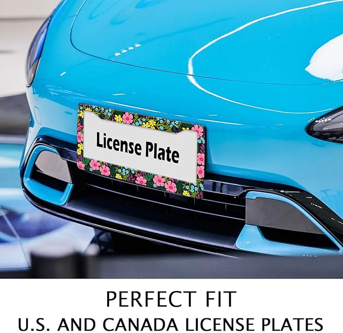 Floral License Plate Frame, Flowers License Plate Holder Covers, Metal Aluminum Rustproof Car Accessories for Us Canada Standard Women Men 2 Holes with Screw Caps