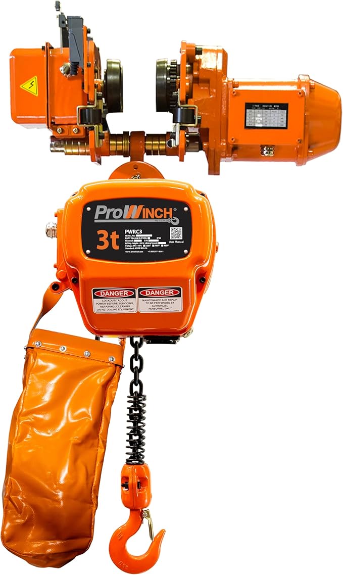 Prowinch 3 Ton Electric Chain Hoist Power Trolley 1 Speed 30 ft. G100 Chain M4/H3 220~240/460V Heavy-Duty Engine Hoist for Warehouse, Factory & Industrial Lifting