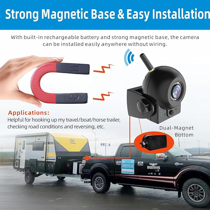 720P WiFi Backup Camera-Wireless Magnetic Reversing Camera with Rechargeable Battery, for Hitching Gooseneck Horse/Fifth Wheels Camper/RV/Trailer/Truck/Minivan, IP68 Waterproof