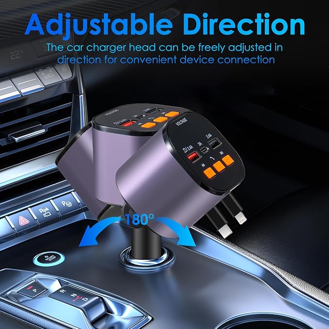 Retractable Car Charger,5 in 1 Fast Car Phone Charger 90W,Bluetooth 5.3 FM Transmitter Adapter,Handsfree Call,2 Retractable Cables and USB Cars Chargers for iPhone 15/14/13 (Purplr)