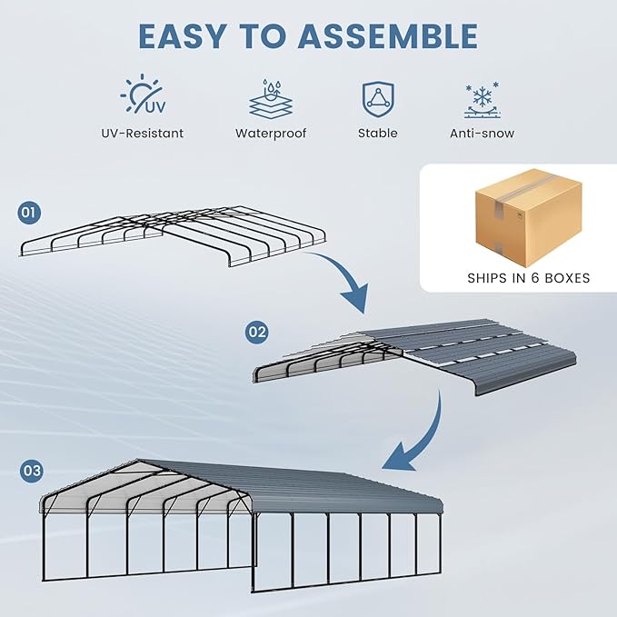 EROMMY 20x30 FT Metal Carport, Heavy Duty Carports with Galvanized Steel Roof and Frame, Sturdy Car Shed in All Weathers, Easy Assembly Car-Shelter for 2 Cars, SUV, Tractors and Boat, Gray