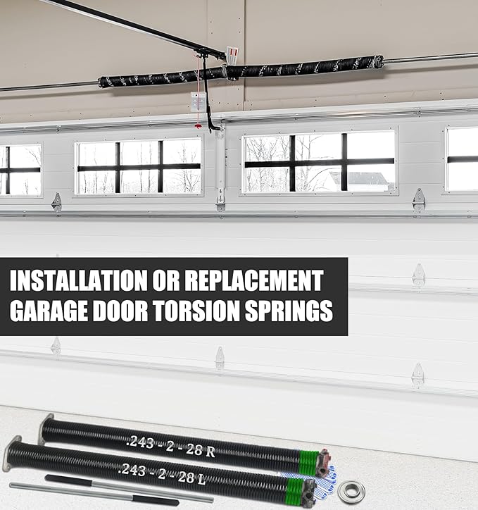 Garage Door Torsion Spring Set, Pair of 2" Electrophoresis Coated Garage Door Spring Replacement with 2 Non-Slip Winding Bars and Bearing, Minimum 16000 Cycles (.243x2x28")