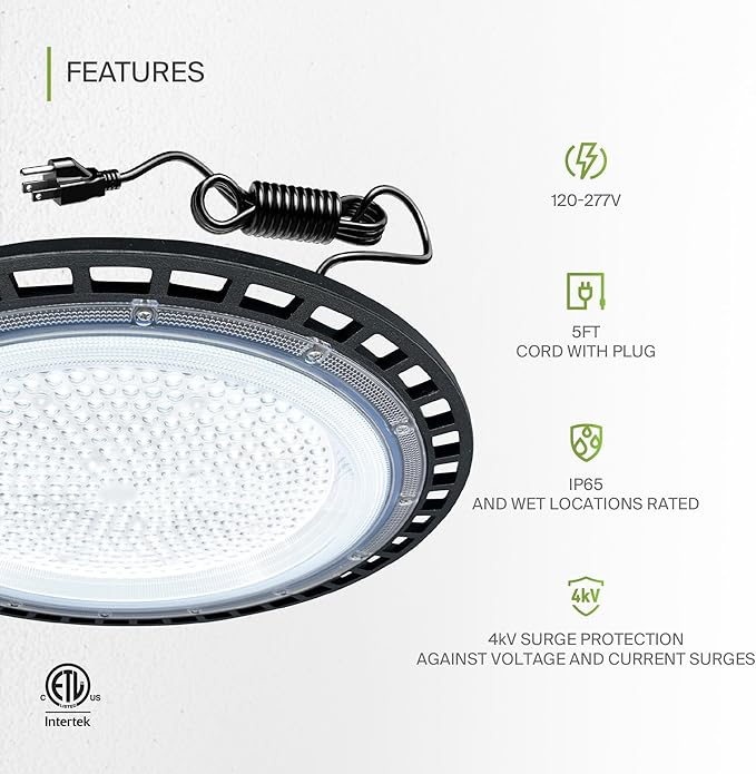 ASD LED High Bay UFO Light Fixture, Commercial Shop Lighting | Plug & Play Cable, IP65 Waterproof, ETL Listed | 200W 23900LM 5000K 100-277V | Warehouse, Garage, Workshop, Barn Lamp | Black, 6 Pack