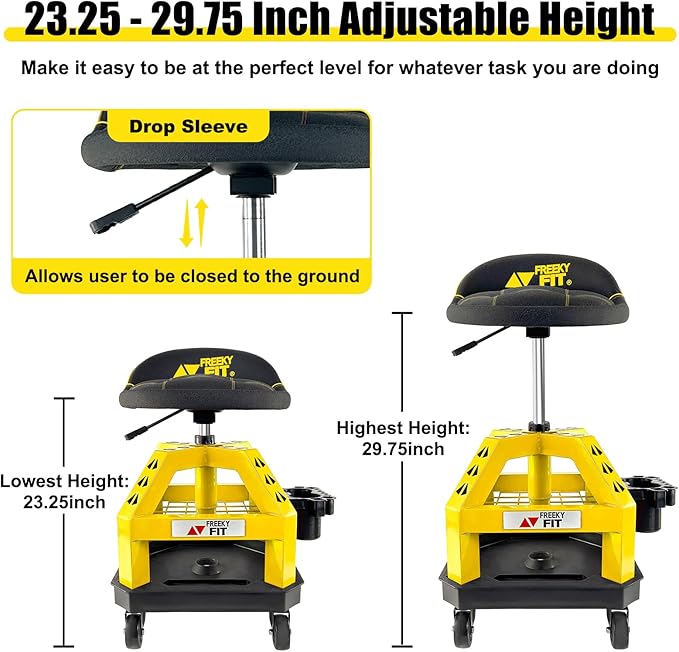 Rolling Shop Stool for Garage with Casters, DO02-Adjustable Height 360° Swivel Shop Seat with Tool Tray Storage, 330 LBS Capacity Padded Mechanic Stool, Yellow