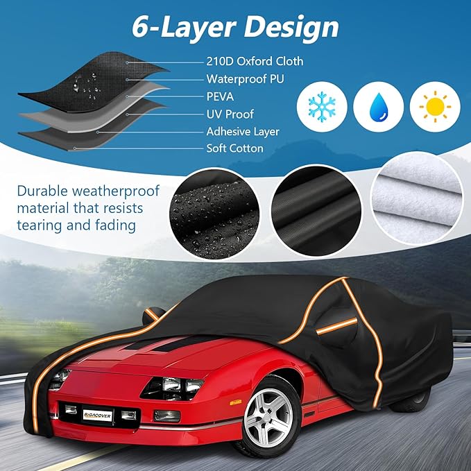 Car Cover for Chevy Camaro 1982-2002, Waterproof 210D Oxford Cloth and Cotton Cover Outdoor Full Car Covers with Zipper Windproof Heavy Duty All Weather with Wind, Sun, UV and Dust Protectio