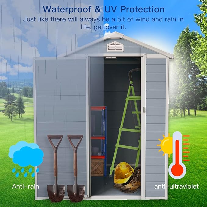 4x6 FT Outdoor Storage Shed, Resin Garden Shed with Thick Floor, Plastic Storage Shed with Window, Waterproof Outside Tool Shed with Lockable Hinged Door for Backyard, Patio, Lawn, Light Gray