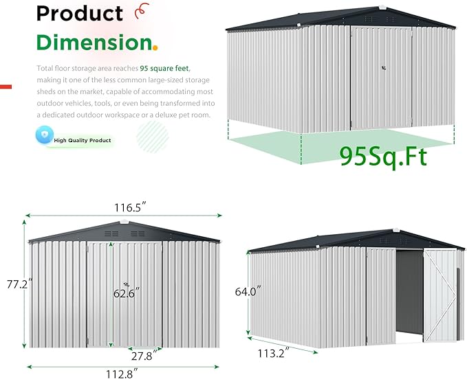 U-MAX 10' x 10' Shed Outdoor Storage Shed Clearance, Large Metal Garden Shed Yard Steel Shed with Design of Lockable Doors, Tool and Utility Storage for Backyard, Garden, Patio, Outside use White