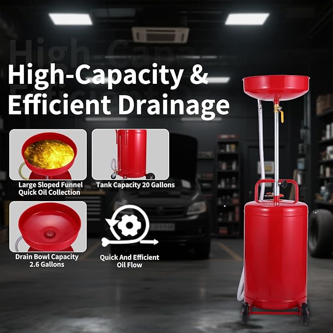 XtremepowerUS 20 Gallon Portable Waste Oil Drain Tank Air Operated Drainage Adjustable Funnel Height with Wheel, Red