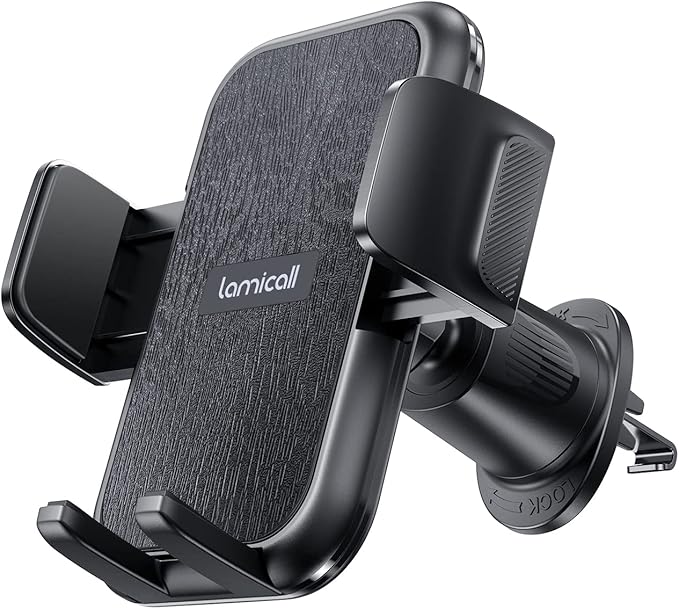 Lamicall 2025 Wider Clamp & Metal Hook Car Phone Holder Vent [Thick Cases Friendly] Phone Holders for Your Car Mount Automobile Hands Free Cradle Air Vent for Smartphone (Wood Grain)