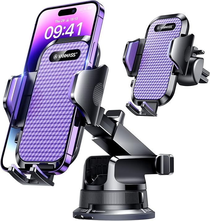 [Pro Version] VANMASS Universal Car Phone Mount [Super Suction Cup] Dashboard Phone Holder, Handsfree Windshield Dash Vent Phone Holder Car, Compatible for iPhone 16 15 14 13 Samsung LG & Truck,Purple