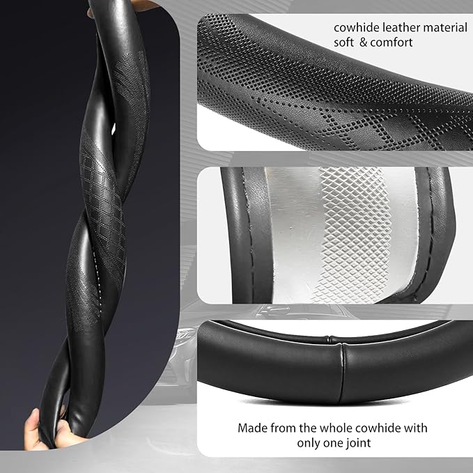 【2025 Model】 High-Grade Real Cowhide Steering Wheel Cover，Black Genuine Leather Steering Wheel Cover for Cars,Universal 15 inch Steering Wheels,Grid & Square Motif