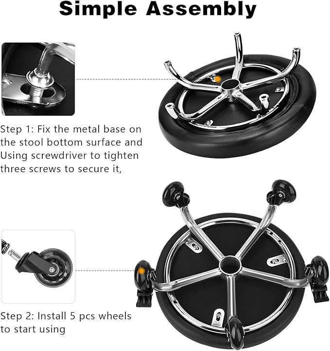 Rolling Stool with Backrest Low Height Rolling Stool with PU Leather, Roller Stool Chair, Roller Seats for Home, Office, Garage, Shop, Library (3.2" h Casters)