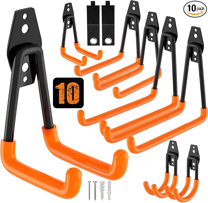 QcoQce 10 Pack Garage Hooks Heavy Duty, Wall Mount Utility Hooks for Hanging Hose, Rake, Shovel and Garden Tools, Anti-Slip Coating, Garage Organization with Screws Included (Orange)