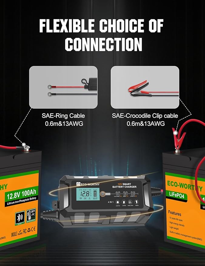ECO-WORTHY 10A Lifepo4 Battery Charger 12V, Smart Car Battery Charger Automotive Battery Maintainer, Trickle Charger and Desulfator for Lead Acid Motorcycle Marine Boat