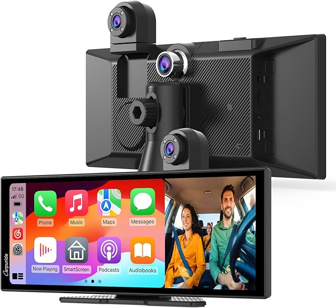CARPURIDE W125S 11.26 Inch HD Wireless Carplay & Android Auto Screen, 4K +1080P+1080P Dash Camera for Cars with 64GB Card, with Loop Recording, Bluetooth, Voice Control, GPS, FM, Super Link