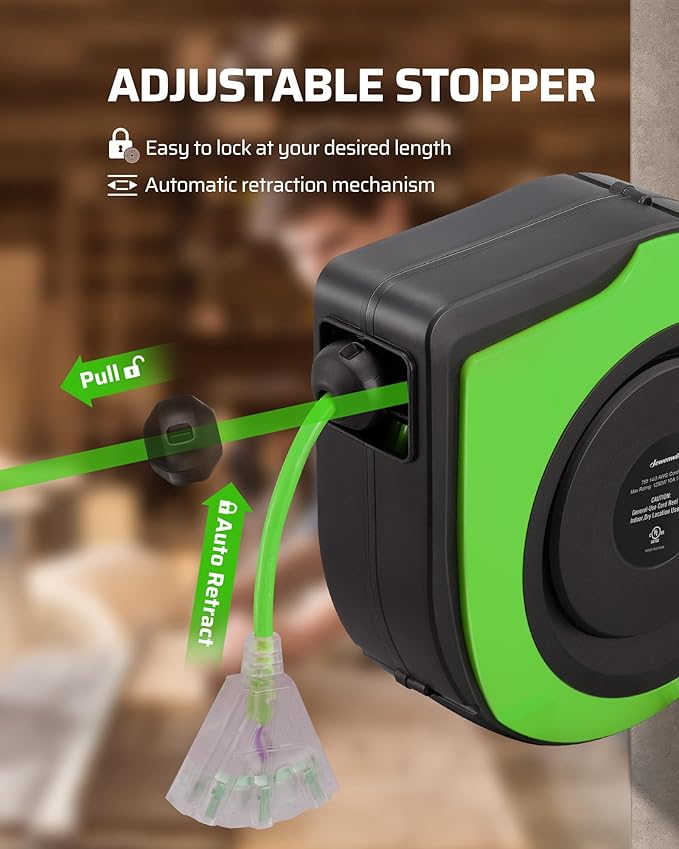 DEWENWILS Retractable Extension Cord Reel, 75 FT Heavy Duty Power Cord, 14/3C SJTOW Retractable Cord Reel, Lighted Triple Outlets, 10A Circuit Breaker, Wall/Ceiling Mount, UL Listed, Green