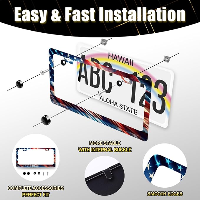 Patriotic American Flag License Plate Frame USA License Plate Stainless Steel Funny Accessories Cars Decor 12.2 X 6.2 Inch with 2 Holes and Screws Fits Standard Us Ca Vehicles