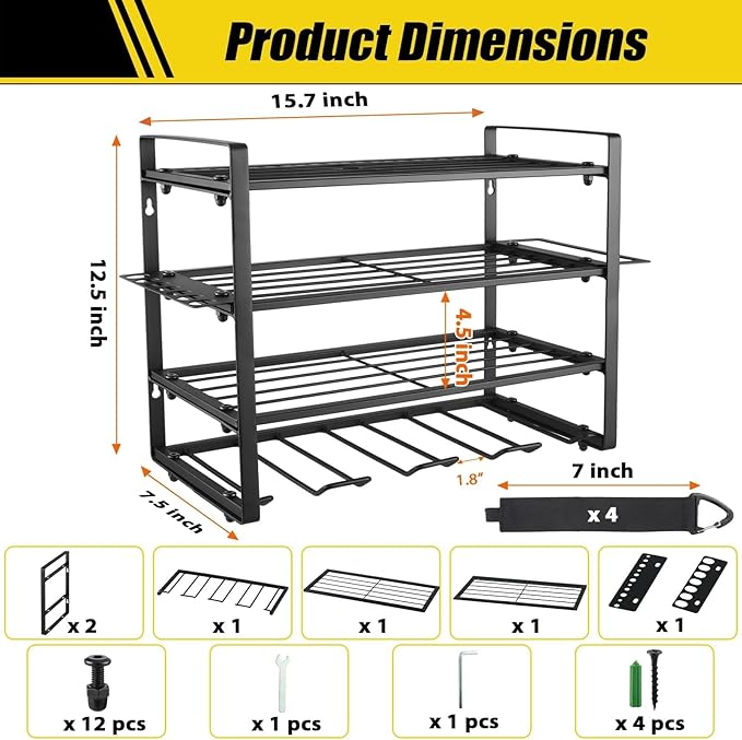 Power Tool Organizer Wall Mount, 2 Pack 4 Layers Garage Wall Shelving, 8 Drill Holder Wall Mount, Cordless Tool Organizer, Garage Storage Rack with 4 Extension Cord Holder