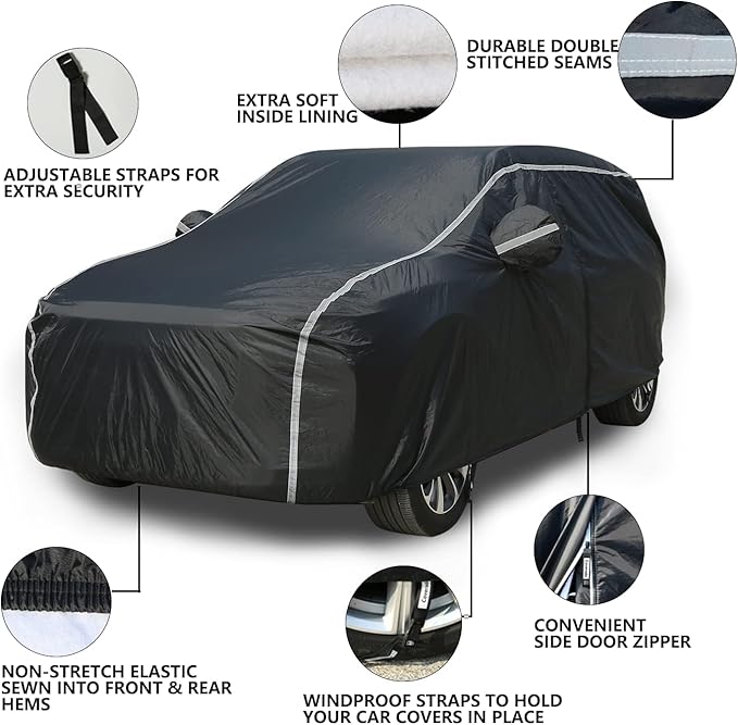 Tecoom SUV Car Cover Waterproof All Weather, Hail Protector for Automobiles w/Zipper Door, Cotton Backing UV Protection Car Covers Outdoor Indoor, Snowproof Universal Car Tarp Fit for 191"-205" SUV