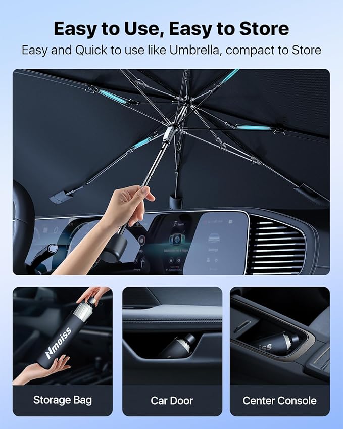 Windshield Sun Shade Umbrella for Car - [Vinyl Coating Heat Shield] Protect Car from Sun Rays & Heat Damage Keep Cool and Protect Interior Large (61" L x 35" W)