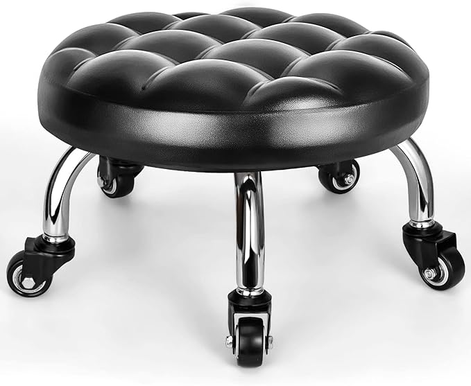 Low Rolling Stool, Low Stool with Wheels, PU Leather Low Roller Seat Stool Chair, Rolling Seat Stool for Home Office Garage Shop (Style 1)