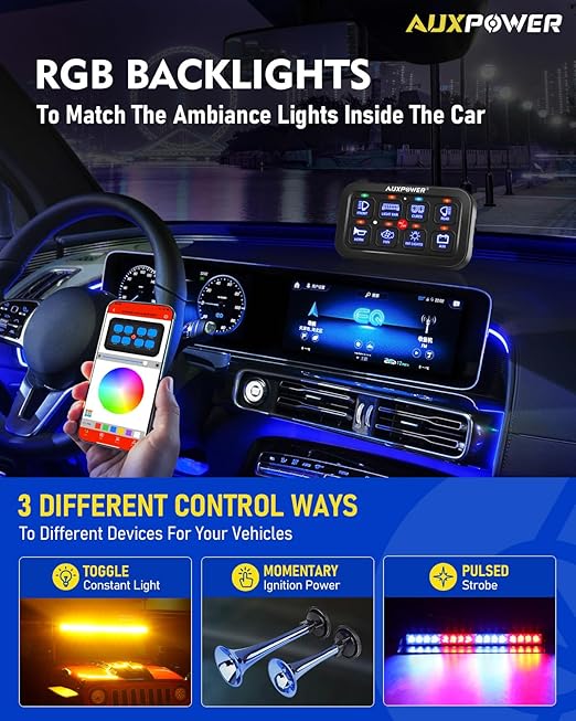 Auxpower RGB 8 Gang Switch Panel with App Control Turn On/Off Momentary Pulsed Multifunction 12V Switch Panel for Truck Circuit Control Relay System Switch Panel Waterproof for Car Boat Truck RV