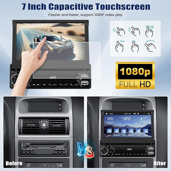Single Din Touchscreen Car Stereo with Wireless Carplay&Android Auto,7 Inch Car Radio Flip Out MP5 Play with BT FM Radio EQ Mirror Link Car Audio with USB/TF/AUX-in SWC+Backup Camera+Microphone
