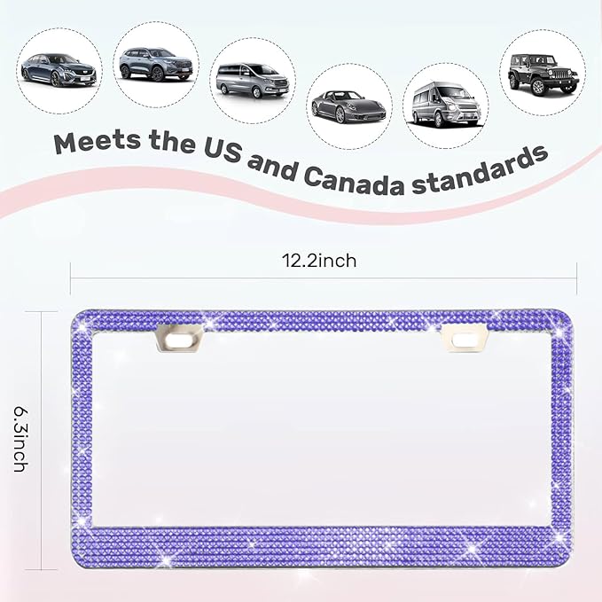 2 Pack License Plate Frames for Women, Sparkly Rhinestone Diamond Car Accessories with Glitter Crystal Caps (Purple (2PCS))