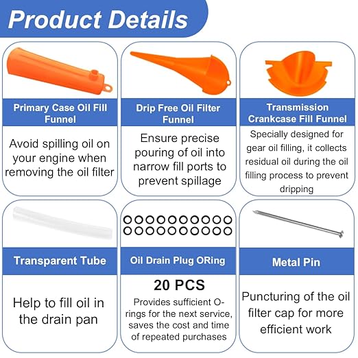 Oil Change Tool Kit for Harley Davidson Accessories,Oil Filter Wrench,Crankcase Fill Tool,Primary Case Funnel,Drip-Free Oil Filter Funnel,20PCS O-Rings