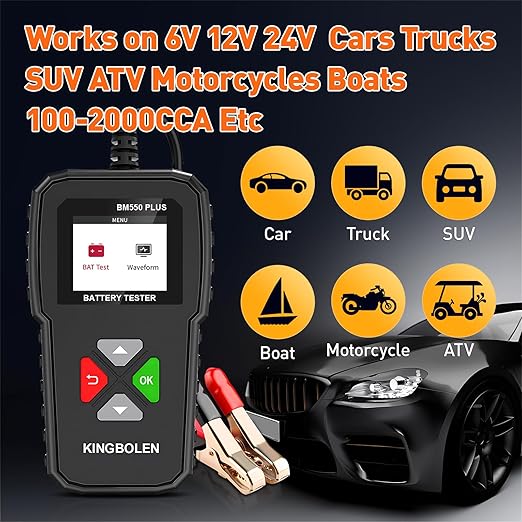 KINGBOLEN BM550 Plus 6V-24V 100-2000 CCA Car Battery Tester, Voltage Waveform Analyzer for Cars Trucks SUV Motorcycle