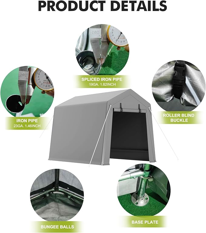 6 x 8 ft Carport Storage Shed, Portable Garage with Roll-up Zipper Door, Heavy Duty Waterproof Tarp, Storage for Motorcycle, Bike, Firewood, Garden Tools