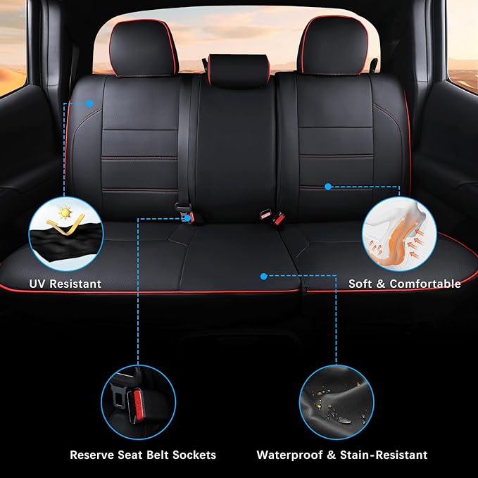 Car Seat Covers Full Set for Toyota Tacoma Double & Crew Cab 2023 2022 2021 2020 2019 2018 2017 2016 Tacoma Interior Accessories Premium Faux Leather Breathable Waterproof (Black+Red Line)